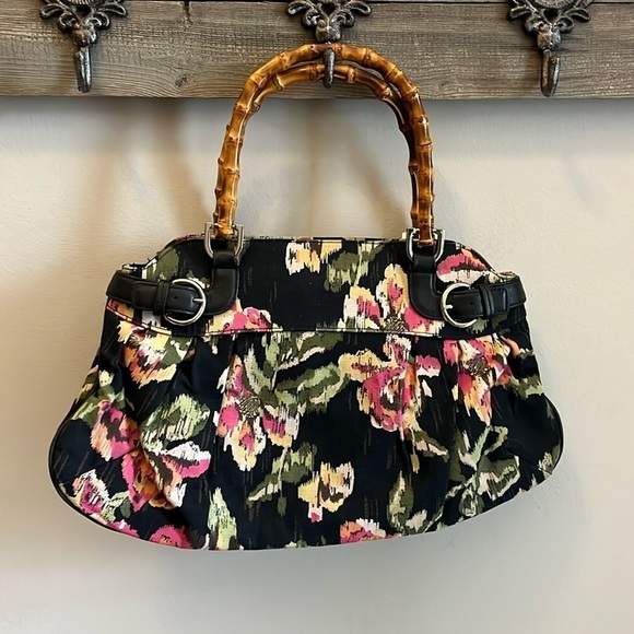 Talbots Floral Satchel Bag Bamboo Handles Fabric Black Faux Leather Trim - Picture 1 of 8
